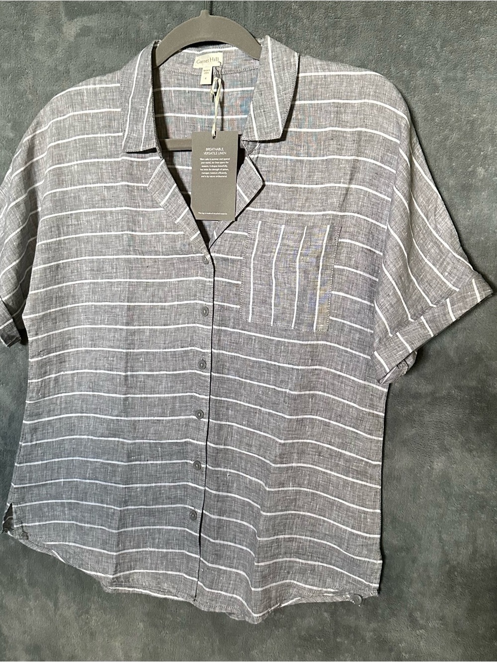 Garnet Hill Gray Striped Short-Sleeve Button-Down Shirt linen small 4 NWT
